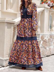 SHEIN VCAY 女士节日花卉印花撞色蕾丝灯笼袖连衣裙 - 彩色 - 查看 6