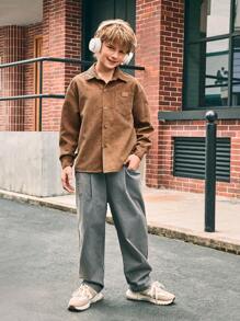 SHEIN Chaqueta informal de manga larga, bolsillo y holgada de pana para niños preadolescentes, otoño/invierno