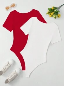 Zolique 女士纯色方领紧身连体衣，夏季新年衣服 - 紅色 - 查看 2