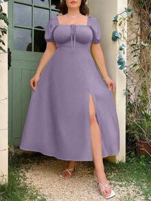 SHEIN SunnyBelle 大码女式纯色前系带短款泡泡下摆侧开衩优雅连衣裙，春夏 - 淡紫色 - 查看 8