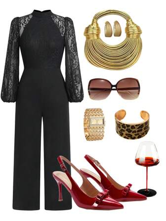 Ellevyn Women's V-Neck Black Long Sleeve Elegant Lace-Up Backless Jumpsuit Halloween Women Fall Jumpsuit  Wedding Jumpsuit