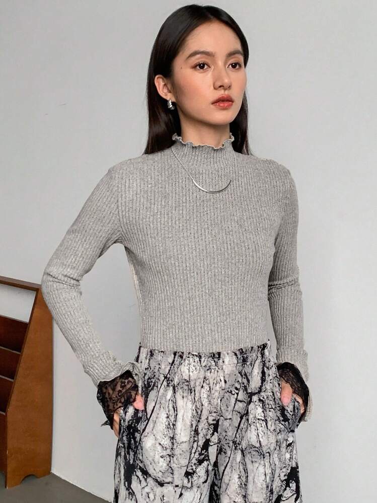 FRIFUL Women's Stand Collar Long Sleeve Contrast Lace T-Shirt For Spring & Fall Turtleneck Women Thermal Lined - Apricot - View 3