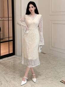 DAZY V-Neck Lace Midi Dress For Women,Ruffle,Fall Clothes Long Sleeve Dress - White - View 3