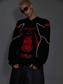 NEON BLANC Men's V-Neck Long Sleeve Racing Knitted T-Shirt - Black - View 2