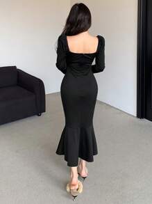 DAZY Solid Color Square Neck Puff Sleeve Mermaid Midi Dress For Women, Birthday Prom Dress,Ruffle,Fall Clothes - Black - View 2