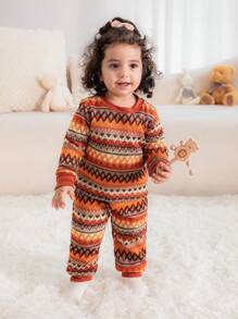2 piezas Conjunto de top de manga larga y pantalones a juego de punto manual retro para bebé niña, tela suave y acogedora, para uso en exteriores