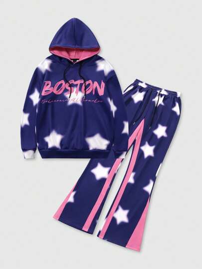 Street Life 2pcs/Set Men's Star Print Hooded Sweatshirt And Sweatpants Set, Casual Wear