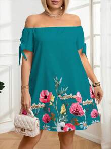 SHEIN LUNE Plus Size Women Floral Print Off Shoulder Loose Straight Dress - Green - View 1