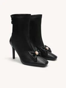 CUCCOO CHICEST 方头细高跟鞋复古设计蝴蝶结短靴搭配连衣裙，新款女式踝靴配后拉链秋季 - 黑色 - 查看 4