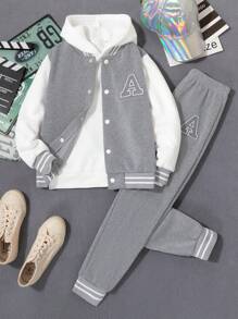 SHEIN Vacaura 2-Pack Boys' College Casual Contrast Color Letter Chapter Baseball Jacket With Sweatpants Suitable For Casual School Outings, Easy To Match Clothes, Suitable For Autumn And Winter, Back To School - Grey - View 2