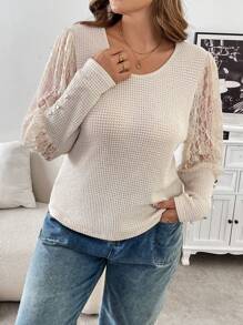 SHEIN Frenchy Blusa larga de punto de color albaricoque con parches de encaje elegante para mujer de talla grande
