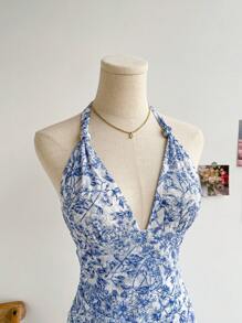 Dreamara Quần áo Boho mùa thu cho nữ cỡ lớn Quần áo mùa thu Trang phục đi nghỉ Áo babydoll Halloween Giáng sinh Lấp lánh Tiệc về nhà, Đám cưới, Hòa nhạc, Ngày thi đấu Váy bó hở lưng cổ chữ V sâu họa tiết hoa màu xanh và trắng viền bất đối xứng, dành cho mùa hè - Nhiều màu - Xem 3