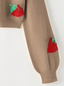 SHEIN Unity 女士秋冬草莓图案长袖短款休闲开衫 - 卡其色 - 查看 3