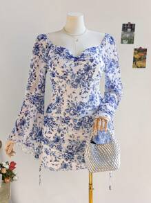 Dreamara Váy midi tay loe in hoa cỡ lớn cho nữ khi trở lại trường, đi nghỉ, mùa thu - Nhiều màu - Xem 5