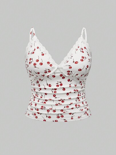 Kawaii Damen Große Größen Cami-Top mit Kirsch Muster und Kontrast Spitze, Sommer