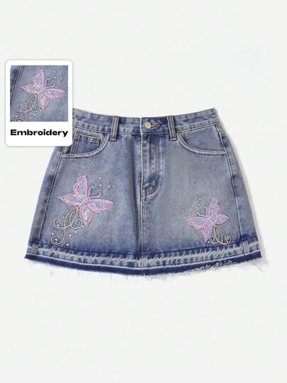 Kawaii Butterfly Embroidered Washed Denim Mini Skirt With Frayed Hem, School