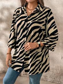 EMERY ROSE 大码女式春秋长袖休闲斑马纹衬衫