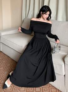 DAZY 女士优雅露肩收腰长袖纯色连衣裙，秋季，生日舞会礼服，秋季女装 - 米色 - 查看 6