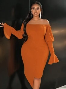 Slaydiva Plus Size Women's Elegant Sexy Off-Shoulder Ruffled Sleeve Solid Color Bodycon Dress - Rust Brown - View 7