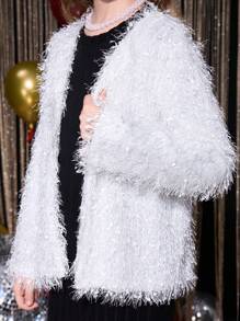 SHEIN Tween Girls Luxurious Party Fluffy Cardigan Jacket - White - View 5