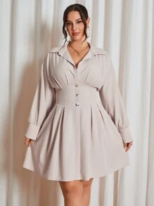 SHEIN Unity 大码纯色领褶长袖连衣裙 - 杏色 - 查看 1