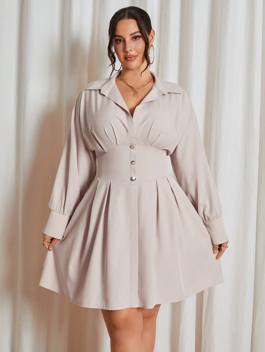 SHEIN Unity 大码纯色领褶长袖连衣裙 - 杏色 - 查看 1