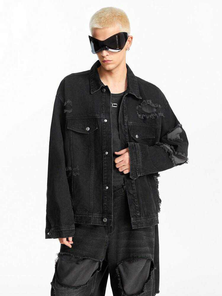 Men's Distressed Denim Long Sleeve Patchwork Jacket, Spring Autumn