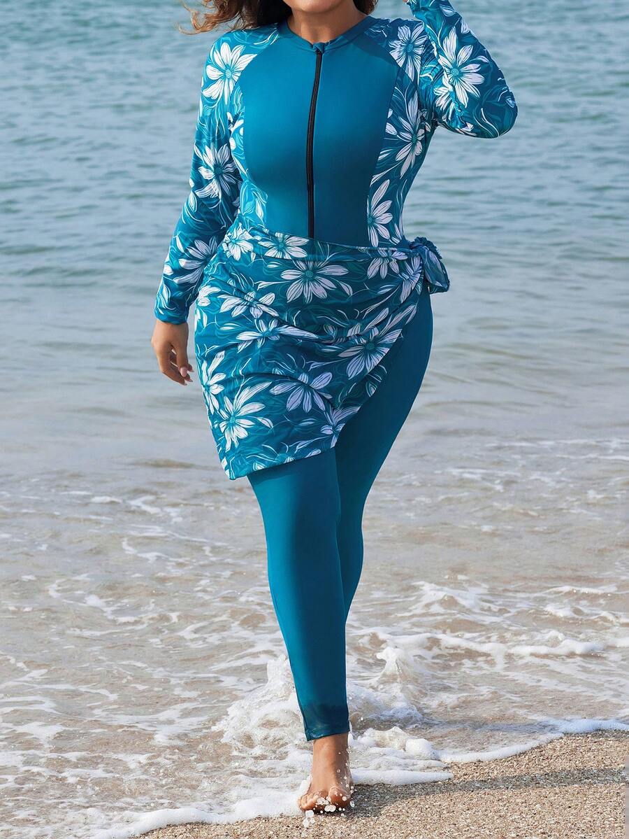 SHEIN Swim Mulvari Plus Size Women Floral Print Cut Out Long Sleeve