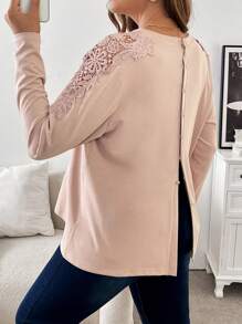 SHEIN Frenchy Plus Size Women's Spring & Autumn Elegant Contrast Lace Round Neck Long Sleeve T-Shirt - Apricot - View 4