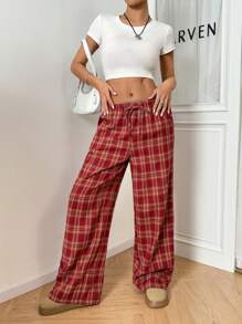 CovetEZ Women's Belted Plaid Straight Leg Loose Casual Pants - Red - View 6