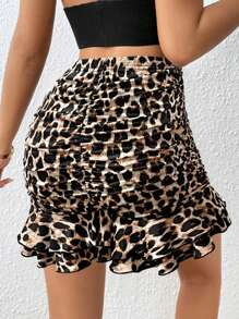 Chiquease Women's Leopard Print Ruffle Hem A-Line Mini Skirt