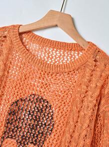 SHEIN LUNE Women's Skull Pattern Oversized Crew Neck Hollow-Out Knit Long Sleeve Sweater, Autumn/Winter, Knit Pullover Fall - Orange - View 3
