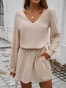 Solid Color Long Sleeve V-Neck Casual Dress - Apricot - View 1