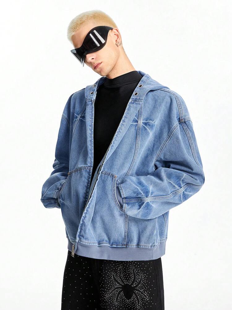 Men's Casual Loose Fit Drop Shoulder Hooded Denim Jacket, Spring Autumn
