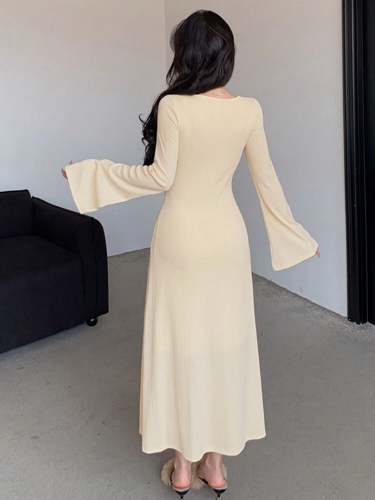 Women Solid Color Flare Sleeve Short Dress, Ruffle, Fall Clothes Long Sleeve Dress