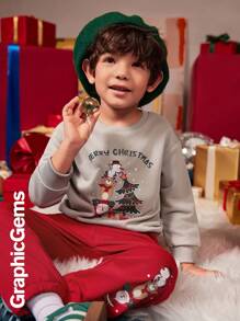 2 件装年轻男孩圣诞老人驯鹿雪人堆叠圣诞树印花运动衫和裤子圣诞服装套装