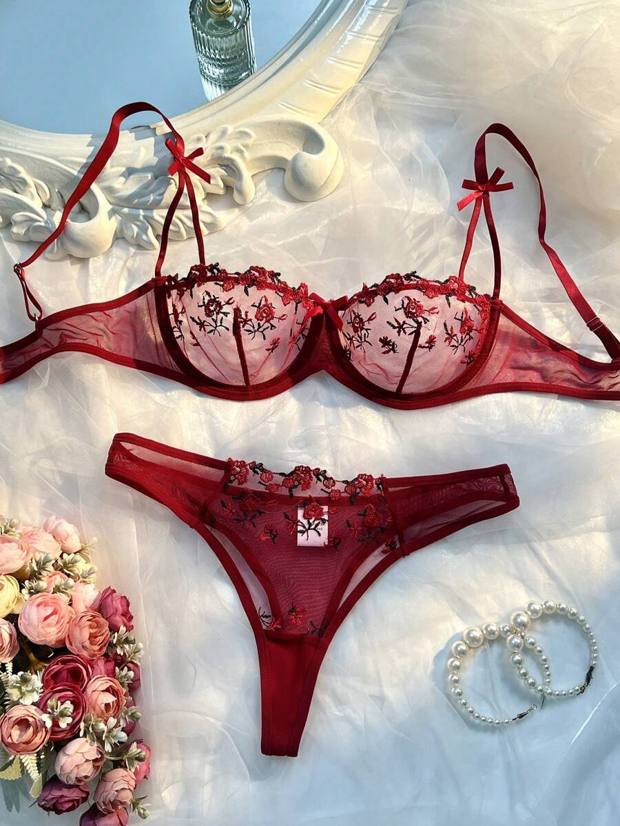 SHEIN 2pcs/Set Pink Romantic Cute Sexy Lingerie Set