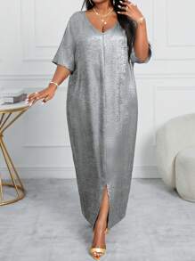 SHEIN Lady Plus Size V-Neck Short Sleeve Simple Glossy Split Maxi Casual Dress - Silver - View 3