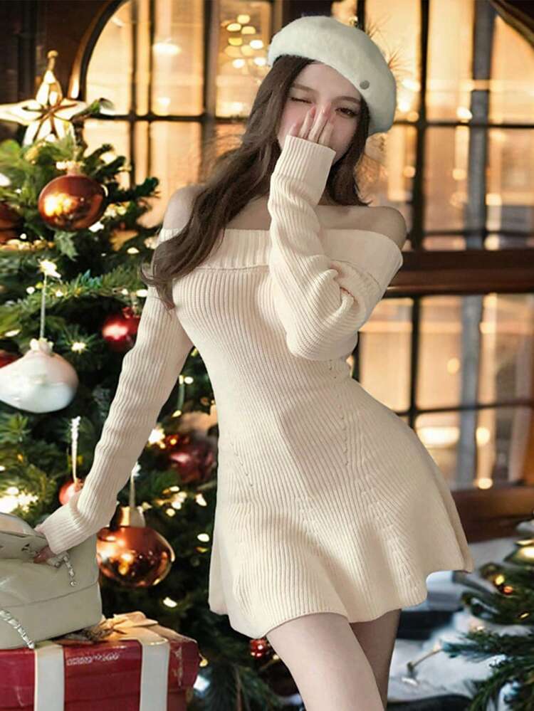 Women's Off Shoulder Sexy Bodycon Dress, Knitted Sweater For Party, Back To School, Autumn/Winter,New Year