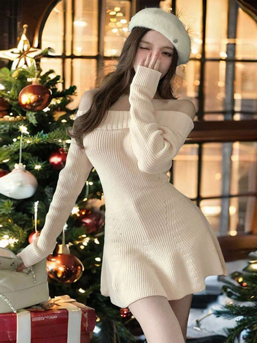 DAZY 女士露肩性感紧身连衣裙，针织毛衣，适合派对、返校、秋冬季、新年等场合 - 白色 - 查看 1