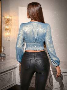 Allurite 女士派对 V 领灯笼袖闪光短款优雅衬衫 - 彩色 - 查看 2