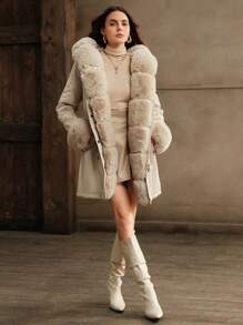 Anewsta Thick Long Fluffy Fur Collar Quilted Lined Cinched Waist Parka Coat, Women's Padded Outerwear - Beige - View 3