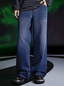 ROMWE MEN Beetlejuice | ROMWE Men Casual Cartoon And Letter Printed Wide Leg Jeans - Purple - View 5