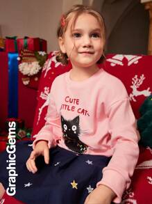 年轻女孩可爱的黑猫彩色灯光圣诞运动衫、秋装