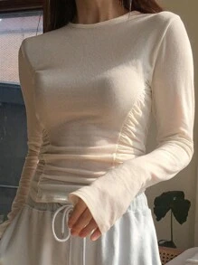 DAZY 女士圆领纯色长袖T恤，秋季服装 - 白色 - 查看 1