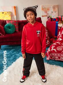 2pcs/Set Tween Boys Christmas Dog Pocket Hoodie Sweatshirt And Sweatpants Christmas Set