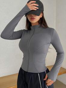 DAZY Chaqueta ajustada con cremallera delantera de unicolor, primavera otoño - Gris - Ver 6