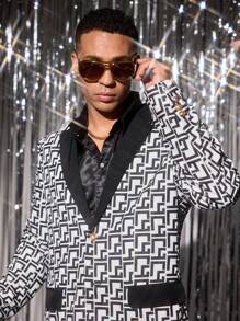 Manfinity VCAY 2pcs Men's Knitted Fashion Casual Digital Print Fitted Long Sleeve Jacket And Straight Waist Pants Set