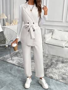 SHEIN Clasi 女士长款马甲配腰带简约套装 - 杏色 - 查看 6