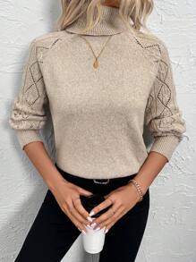 EMERY ROSE Women's Autmn Winter New Arrival High Collar Jacquard Crochet Pattern Raglan Sleeve Casual Pullover Sweater Knit Pullover Fall Outfit - Apricot - View 3